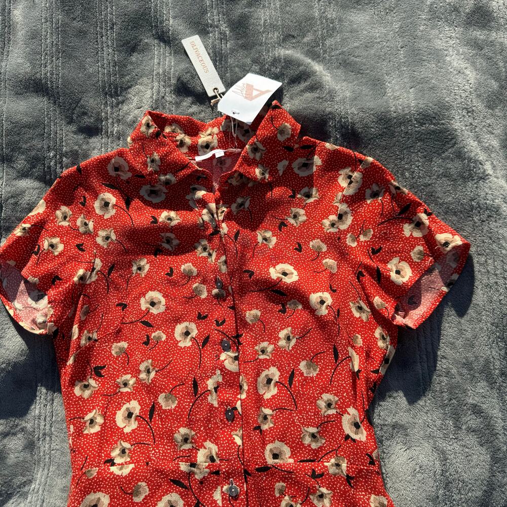 NWT Olivaceous Red Rayon Floral Print Button Front Mini Dress Women's Small - Picture 6 of 10